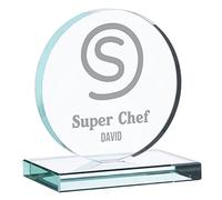 Wanapix | Trophée Personnalisé avec Nom et Texte | Verre Gravé (échelle de Gris)| Trophée Personnalisé | Boîtier de Rangement Inclus | Rond | Cuisine Chef