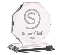 Wanapix | Trophée Personnalisé avec Nom et Texte | Verre Gravé (échelle de Gris)| Trophée Personnalisé | Boîtier de Rangement Inclus | Octogonal 10 cm| Cuisine Chef