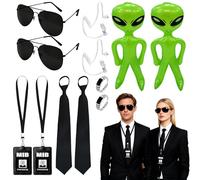 WanderGo Ensemble d'accessoires de déguisement pour homme en noir, kit de déguisement de services secrets avec cravate, lunettes de soleil, porte-carte d'identité, écouteurs, figurine extraterrestre