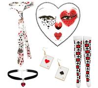 WanderGo Lot de 7 cartes à jouer - Costume de reine de cœur - Accessoires avec cravate, boucles d'oreilles et collier ras du cou - Bas autofixants