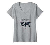 Wanderlust Carte du Monde de Voyage avec Citation d'aventure T-Shirt avec Col en V, Femme, Gris Chiné, S