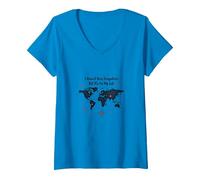Wanderlust Carte du Monde de Voyage avec Citation d'aventure T-Shirt avec Col en V, Femme, Saphir, L