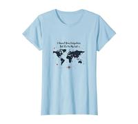 Wanderlust Carte du Monde de Voyage avec Citation d'aventure T-Shirt, Femme, Bleu Céleste, M