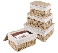 WANDGU Corbeille de rangement avec couvercle : 3 pièces Corbeille tressée, panier tressé en corde de papier décor Boho avec doublure pour chambre d'enfant, cuisine, paniers de rangement de salle de