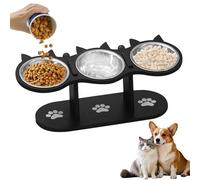 WANDGU Gamelle pour chat surélevée : station de nourriture pour chat avec 3 bols en acier inoxydable et support en bois - Solution de gamelle ergonomique réglable en hauteur pour chats et petits