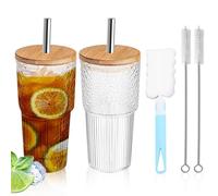 WANDGU Gobelets en verre avec couvercle et paille : 2 pièces de 700 ml en verre à smoothie avec paille, lot de verres à long drink en verre borosilicate pour café glacé, smoothies (avec 2 brosses)