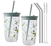 WANDGU Gobelets en verre avec couvercle et paille : lot de 2 gobelets à café hermétiques et étanches, gobelets à smoothie avec 2 pailles et une brosse, compatibles lave-vaisselle, pour cappuccino(vert