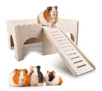 WANDGU Grande maison pour cochons d'Inde avec rampe 4 entrées : 38 x 24 x 24 cm - En bois massif naturel - Pour cochon d'Inde