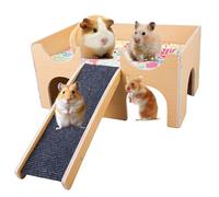 WANDGU Grande maison pour cochons d'Inde en bois massif avec rampe et 3 entrées, maison de lapin naturel, pour rats, hamsters et petits animaux