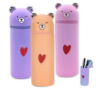 WANDGU Kawaii Lot de 3 trousses à crayons : trousse et pot à crayons 2 en 1 en silicone souple, porte-crayons, porte-stylo, pot à crayons télescopique pour étudiante, adolescente, rose, vert, abricot