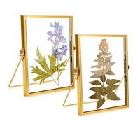WANDGU Lot de 2 cadres photo dorés double face : 15 x 20 cm Cadre en verre pour fleurs pressées en laiton Cadre photo de bureau à poser pour fleurs séchées Illustration
