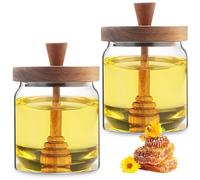 WANDGU Lot de 2 distributeurs de miel : pot à miel en verre de 450 ml avec cuillère et couvercle, récipient à miel, pot à miel, récipient en verre scellé, ensemble de bâtonnets de miel pour stocker et