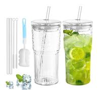 WANDGU Lot de 2 gobelets en verre de 650 ml : verre à boire avec couvercle et paille, verre à large goulot glacé en verre de haute qualité, design hermétique et étanche, idéal comme café