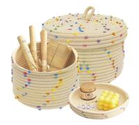 WANDGU Lot de 2 paniers en corde de coton tressé : panier de rangement tissé avec couvercle, panier tressé pour plantes, rond, pois décoratifs colorés, pour plantes, fils, accessoires de chambre