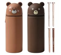 WANDGU Lot de 2 trousses à crayons, en silicone souple, 2 en 1, Kawaii, avec 4 stylos à effacer, pour étudiante (ours)