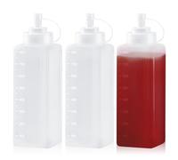 WANDGU Lot de 3 bouteilles à presser en plastique : 800 ml - Large bouche - Avec bouchons - Transparent - Pas de fuite - Bouteille carrée à sauce pour peinture, pâtisserie