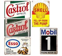 WANDGU Lot de 5 plaques en tôle rétro pour voiture : poster d'huile moteur, plaque métallique essence, plaque en tôle vintage, 20 x 30 cm, décoration pour atelier, garage, mur de maison et bar