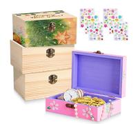WANDGU Mini Coffre au Trésor en Bois: 4 Pièces 15x10x6cm Petit Inachevé Bois Boîte à Trésor en Bois, Petite Boîte en Bois à Peindre avec Autocollants, Boîte de Rangement en Bois pour Bricolage