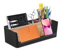 WANDGU Organisateur de bureau à 4 compartiments : organisateur cosmétique de table, support pour téléphone portable et tablette, porte-lettres, porte-stylos, compartiments en bois pour stylos,