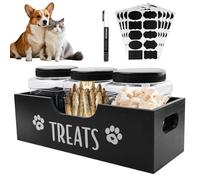 WANDGU Pet Treats Boîte de rangement pour animaux de compagnie avec 3 boîtes à goûter transparentes en plastique + 8 étiquettes + stylos 32 × 12,5 × 10 cm