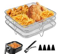 WANDGU Rack de friteuse à air : 3 pièces plateau de friteuse à air carré avec 4 pieds en silicone, 1 pince à épiler, étagère de friteuse à air empilable en acier inoxydable 304 pour accessoires