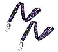 WANDIC 2 PCS Octobre Rose Tour de Cou Porte Clé,Porte-badge Tour de Cou Cancer du Sein Lanière avec Boucle à Détachable Rapide pour porte-clés Téléphone,Noir