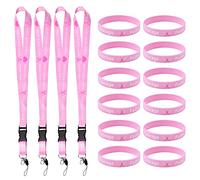 WANDIC 4 PCS Octobre Rose Cordons Tour de Cou Porte Clé, 12 PCS Ruban Rose Bracelets en Silicone de Cancer du Sein, pour Porte-Badge d'identité,Porte-clés,Téléphone