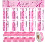 WANDIC 50PCS Octobre Rose Ensemble de Épingle, Sensibilisation au Cancer du Sein avec 1PC Rouleau d'autocollants Large Bannière Personnalisée 50PCS Bracelet Polyester Ajustable pour Accessoires Décora