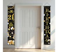 WANDIC Bannière de porte « Happy 21st Birthday » - Bannière noire et dorée sur le thème du passage à l'âge adulte - Décoration de fête - Fournitures de décoration