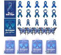 WANDIC Lot de 20 broches en forme de ruban bleu, pour sensibilisation au cancer du côlon, de la prostate, du cancer du côlon, de la prostate, des badges en métal avec cartes en papier et sacs