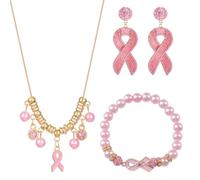 WANDIC Lot de 3 bracelets réglables en forme de ruban rose pour la sensibilisation au cancer du sein avec strass et boucles d'oreilles pour femme