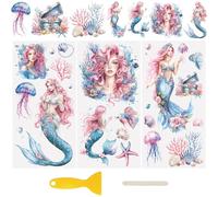 WANDIC Lot de 3 feuilles d'autocollants 3D imperméables UV DTF pour bricolage, bouteille d'eau en verre, meubles, loisirs créatifs, thème sirène, 15 x 30 cm
