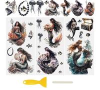 WANDIC Lot de 3 feuilles d'autocollants 3D imperméables UV DTF pour bricolage, meubles, bouteilles, loisirs créatifs, thème sirène foncée, 15 x 30 cm