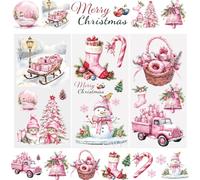 WANDIC Lot de 3 feuilles d'autocollants de transfert de Noël, thème rose, pour meubles, balades en traîneau, boules de verre, bas de Noël pour cartes de vœux, scrapbooking, 15 x 30 cm