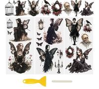 WANDIC Lot de 3 feuilles d'autocollants de transfert UV DTF - Motif elfe noir rétro - Étanche - Pour meubles, verre, bouteilles d'eau, loisirs créatifs, 15 x 30 cm
