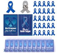 WANDIC Lot de 30 broches en forme de ruban bleu pour sensibilisation au cancer du côlon, de la prostate, du cancer du côlon, de la prostate, des badges en métal avec carte en papier et sacs