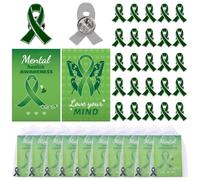 WANDIC Lot de 30 broches en forme de ruban vert, pour cancer du foie, santé mentale, transplantation d'organes, badge en métal avec carte d'encouragement, sacs individuels en maille, pour décoration