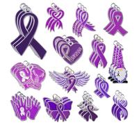 WANDIC Lot de 42 pendentifs en forme de ruban violet pour sensibilisation à la violence domestique et à la maladie d'Alzheimer - Différents designs - Breloques en forme de ruban en métal pour