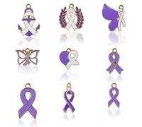 WANDIC Lot de 54 pendentifs en forme de ruban violet, 9 styles pour la sensibilisation au cancer du pancréas de la maladie d'Alzheimer - Papillon, espoir, foi, ruban pour la fabrication de bijoux
