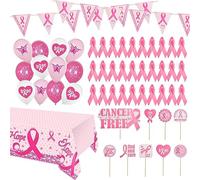 WANDIC Octobre Rose Décoration Cancer du Sein Vitrine Ruban Rose Grand Ensemble Pins 2,8 x 1,3M Nappe Bannière 18 Ballons