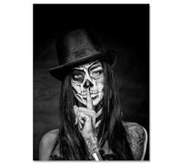 wandmotiv24 Image Girl Power sur Toile, Taille 40x30cm, Format Portrait, décoration Salon Moderne, Femme avec tête de Mort maquillée, Tatouages, Tatouages, Noir et Blanc, Top Model M0149