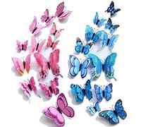 WandSticker4U®- [24 pièces] PAPILLONS decoratifs 3D à DOUBLE AILE et AIMANT, couleur: rose/bleu I Papillon 3D décoration pour salon chambre enfant cuisine réfrigérateur meuble armoire mur adulte ado