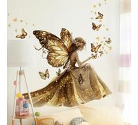 WandSticker4U®- [Extra large] Stickers muraux FILLE & PAPILLONS en or (110x112 cm) I Autocollant mural fée chambre adolescent princesse femme I Déco murale chambre ado fille geant XXL COOL