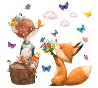 WandSticker4U®- Grand stickers muraux animaux enfant RENARD & FAON (78x72 cm) I Autocollant mural chambre bébé animaux forêt lapin papillons I Déco murale chambre enfant fille garçon meuble crèche