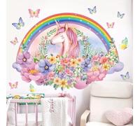 WandSticker4U®- Grand stickers muraux LICORNE et ARC EN CIEL (95x68 cm) I Autocollant mural chambre fille licorne princesse fleurs papillons I Déco murale chambre enfant bébé fille crèche XXL