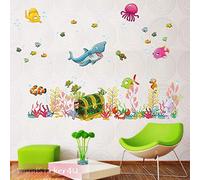 WandSticker4U®- Stickers muraux enfants mer REQUIN avec COFFRE AU TRÉSOR (122x68 cm) I Autocollant mural océan poissons I Déco murale chambre enfant bébé salle de bain crèche GRAND