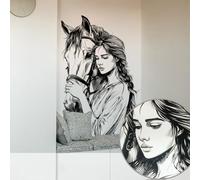 WandSticker4U®- Stickers muraux FILLE & CHEVAUX noir/blanc (49x72 cm) I Autocollant mural chevaux visage femme adolescent princesse I Déco murale chambre ado fille COOL