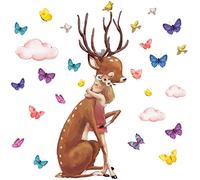 WandSticker4U®- Stickers muraux FILLE et grand CHEVREUIL (73x68 cm) I Autocollant mural bébé fille animaux forêt cerf faon papillons nuage I Déco murale chambre fille bébé crèche romantique XXL