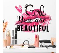 WandSticker4U®- Stickers muraux fille GIRL YOU ARE BEAUTIFUL (28x37 cm) I Autocollant mural citation beauté cœur lèvres amour adolescent femme I Déco murale chambre ado fille coiffeuse COOL