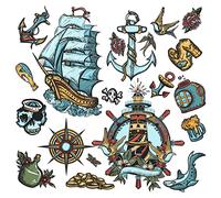 WandSticker4U®- Stickers muraux TATOUAGES PIRATES rétro (60x48 cm) I Autocollant mural chambre ado voilier ancre trésor or requin I Déco murale chambre adulte salle de jeux salle de bain COOL